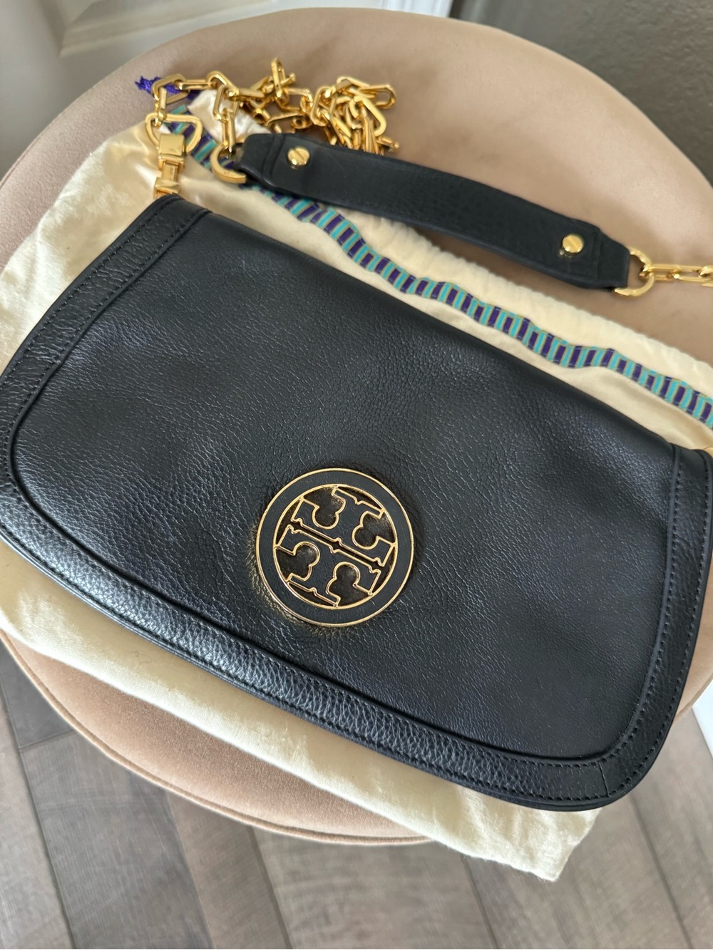 Tory Burch Black Leather Crossbody with Gold Logo